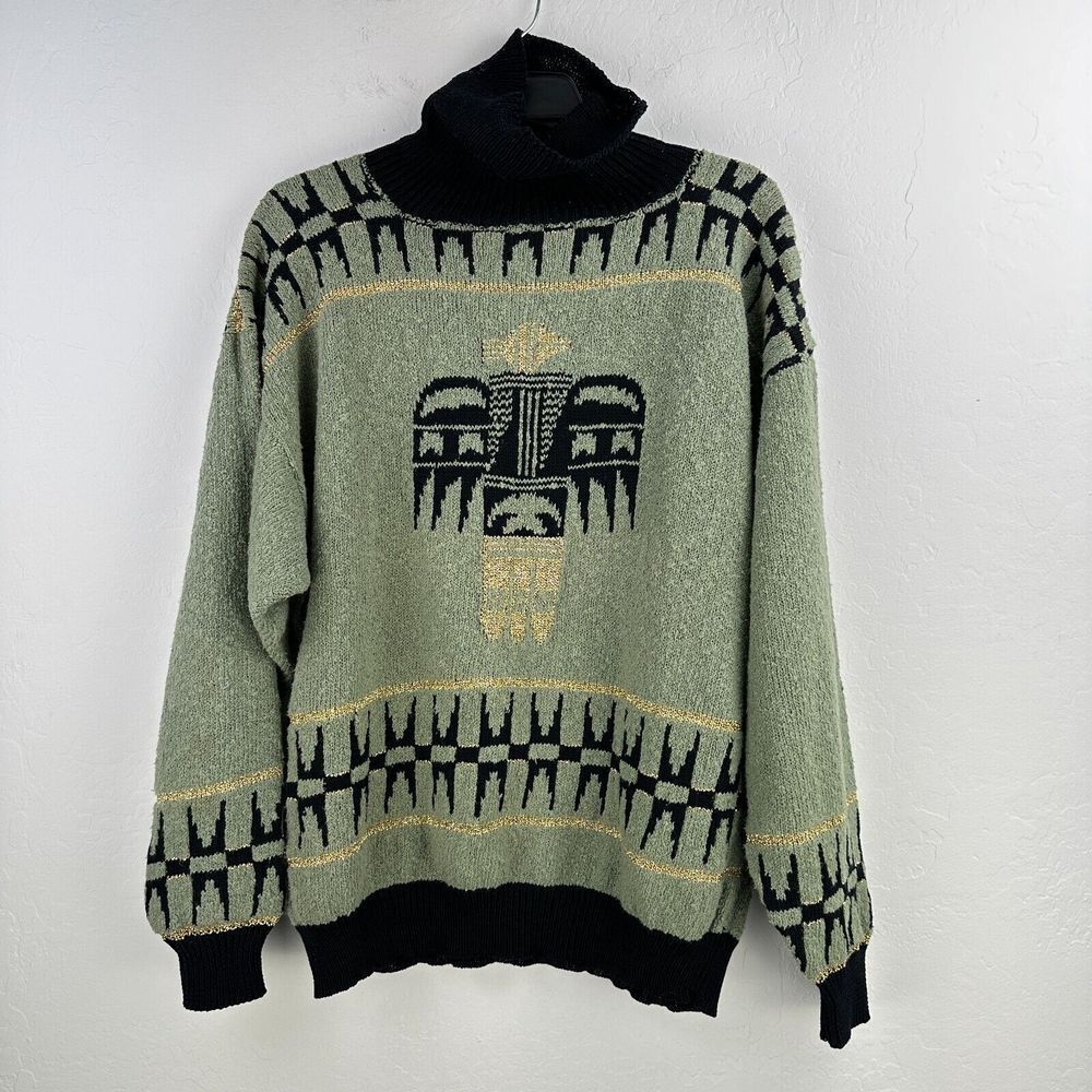 Vintage Felizzi Sweater Womens S Green‎ Black Geometric Long Sleeve Turtle Neck